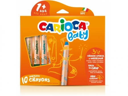 Creioane colorate, 3 in 1, 10 culori/cutie, CARIOCA Baby +1