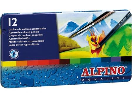 Creioane colorate acuarela, cutie metal, 12 culori/set, ALPINO Aqualine