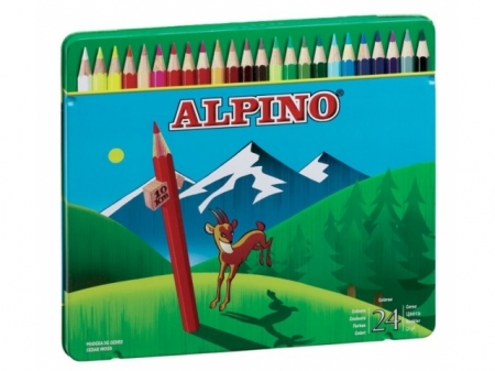 Creioane colorate, cutie metal, 24 culori/set, ALPINO
