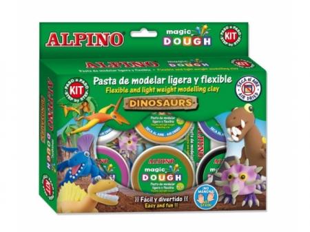 Kit 6 culori x 40gr plastilina magica + 4 seturi accesorii, ALPINO Dinosaurs